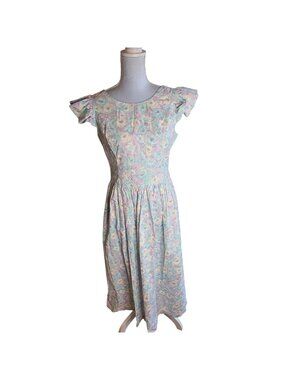 Vintage 80s Misty Lane Pastel Floral Dress Flutter Sleeve Cottagecore Prairie S
